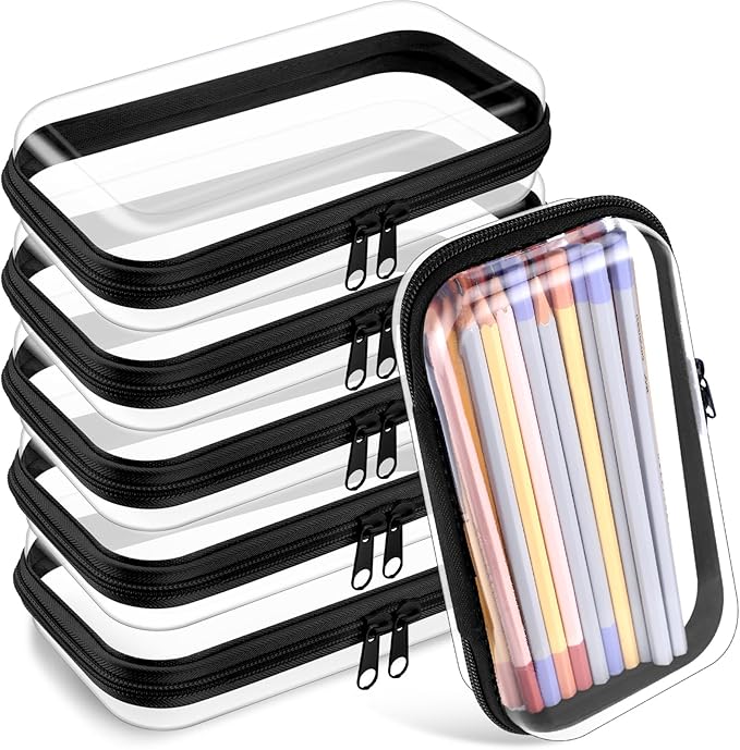 Sanwuta 6 Pcs Clear Hard Zipper Case Hard Plastic Zipper Pouches Makeup Bag Pencil Pouches Transparent Cases for Snacks Plastic Storage Organizer Box for Travel(Black,7.48 x 3.94 x 2 Inch)