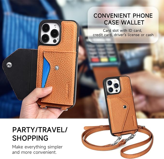 LUCKYCOIN Crossbody Wallet Phone Case for iPhone 14 Pro Max,100% Genuine Leather Wallet Phone Case with Expandable Flip Card Holder,Phone Purse for Women with Adjustable Removable Strap - Pebble Brown
