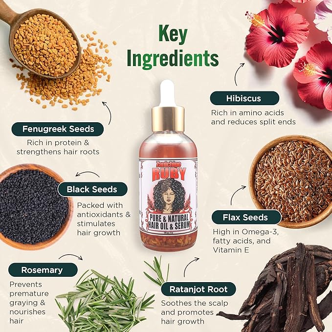 Ruby Hair Oil – Fenugreek Strengthening Serum for Dry, Damaged, Frizzy & Coarse Hair | Anti-Hair Fall | Anti-Hair Loss Hair Growth Oil Treatment | All-Natural | 4 Ounce