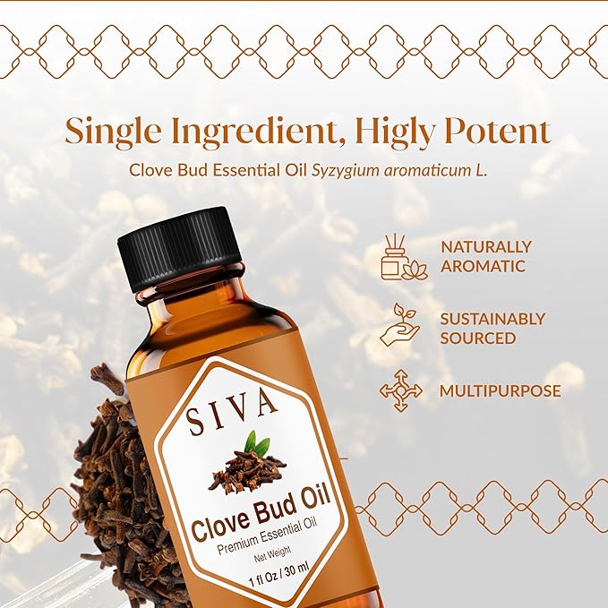 Siva Clove Bud Essential Oil - 1 Fl Oz – 100% Natural Clove Bud Oil - for Diffuser, Face, Skin Care, Aromatherapy, Hair Care, Scalp and Body Massage - with Dropper