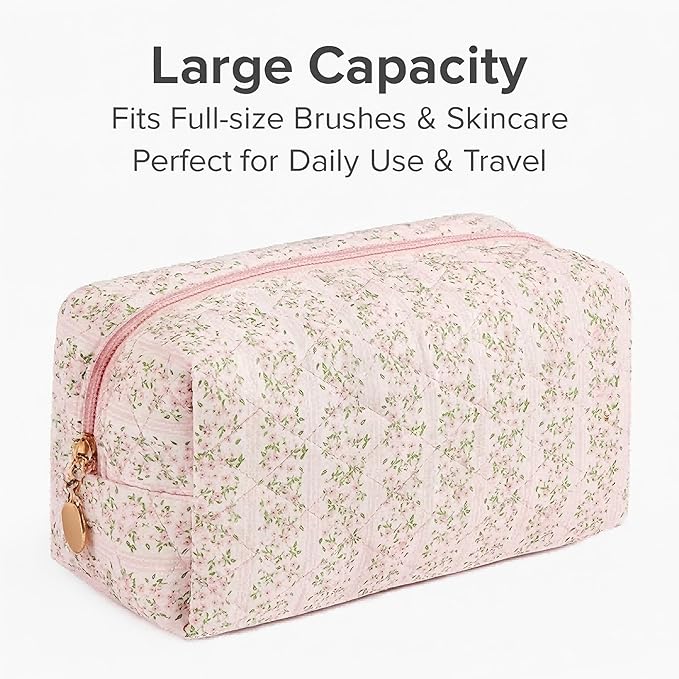 Floral Cotton Makeup Brush Cosmetic Bag for Women, Travel Quilted Zipper Pouch, Large Capacity Flowers Toiletry Organizer, Kawaii Makeup Storage Case, Cosmetic Travel Cloth Bag-Pink Floral
