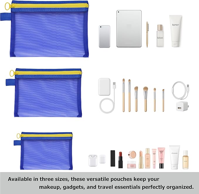 Quotidian Flat Clear Mesh Makeup Storage Pouch Blue Toiletry Bag Travel Organizer 3-Size Pack of 9 - Camping Holiday Work School Supplies