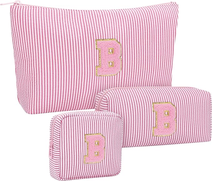 MONSTINA Personalized Initial Makeup Bagfor Women,Make Up Case for Girlfriend Bridesmaid Wife,Birthday Gift for Her Cute Toiletry Bag,3PCS,Pink B