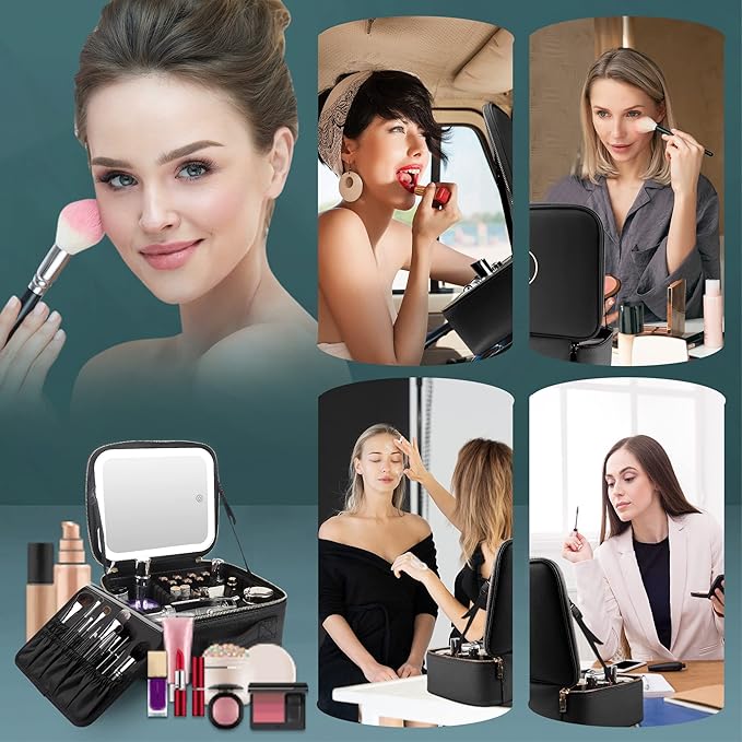 MOMIRA Travel Makeup Bag Cosmetic Bag Makeup Organizer Bag with Lighted Mirror, Adjustable Brightness in 3 Color Scenarios, Waterproof Makeup Train Case, Gift for Women - Black