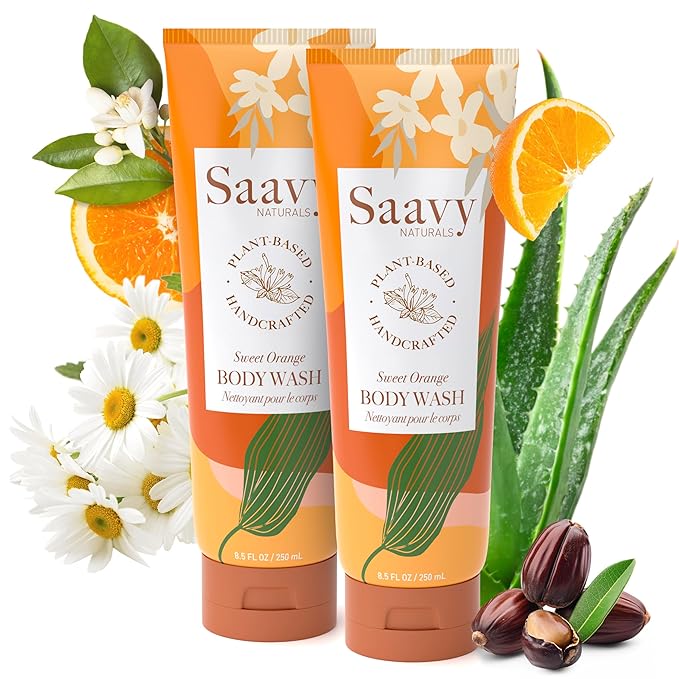 Saavy Naturals Body Wash Sweet Orange Plant-Based Ingredients| Made In USA | Sensitive Skin Body Wash, l Organic & Vegan Formula With Coconut Oil, Shea Butter, And Aloe Vera - 8.5 Fl Oz, 2 Pack