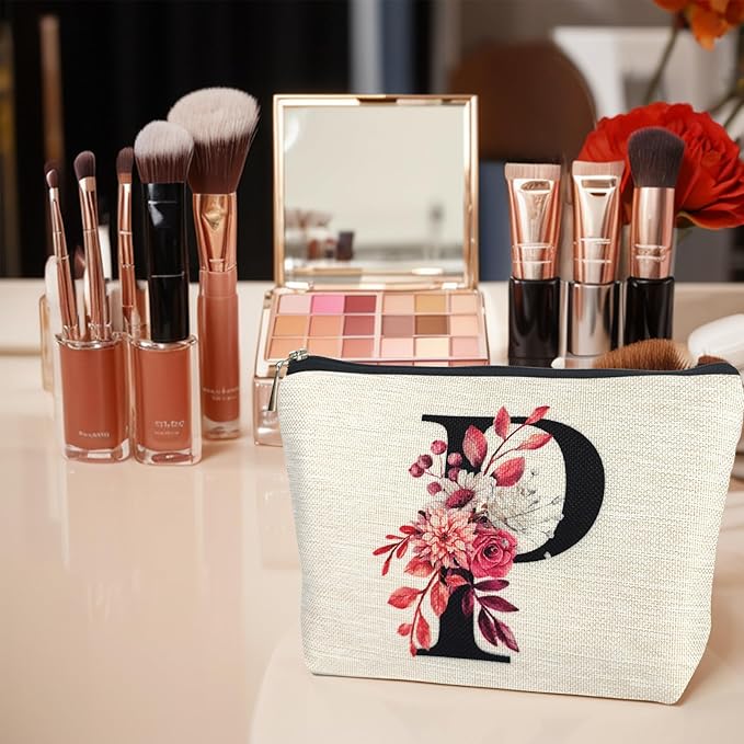 Initial A-Z Personalized Floral Makeup Bag, Monogrammed Birthday Gifts for Women Mom, Mothers Day Christmas Gift Ideas for Best Friend, Bride Bridesmaid, Her, Grandma, Small Travel Cosmetic Bag (P)