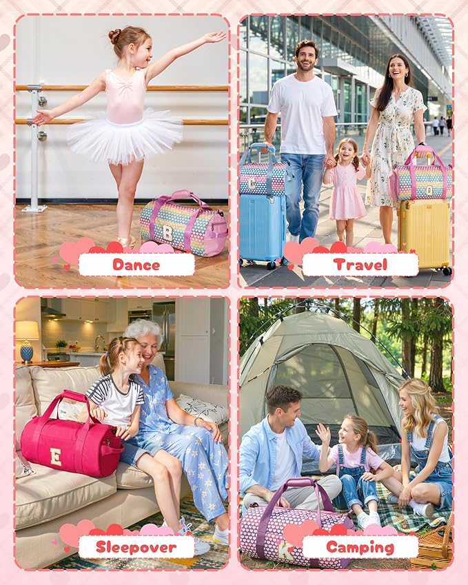 10 Year Old Girl Birthday Gifts, Girls Travel Duffel Bag, Kids Initial Overnight Bags with Shoe Compartment, Initial Duffle Bag with Makeup Pouch, Gift for Grandkids Teens (Letter E)
