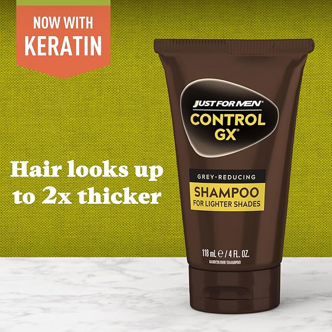 SHAMPOO Just for Men Control GX Grey Reducing for Lighter Shades of Hair, Blonde to Medium Brown, Gradual Hair Color with Keratin, 4 Fl Oz - Pack of 3 (Packaging May Vary)
