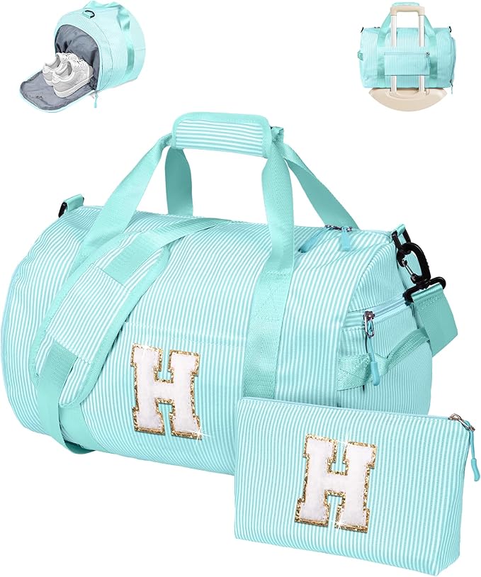 Gift for Cheerleader Girl, Girls Travel Duffle Bag, Kids Initial Overnight Bags with Shoe Compartment, Personalized Weekend Bag with Cosmetic Pouch, Sweet 16 Gifts (Letter H)