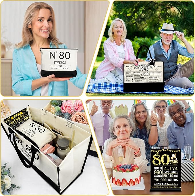 80th Birthday Gifts for Women Canvas Tote Bag Travel Gear, Unique 80 Years Old Gifts for Wife Sister Mom Aunt Friends Her, Vintage N°80 Handbag & Cosmetic Bag & Back in 1945 Poster