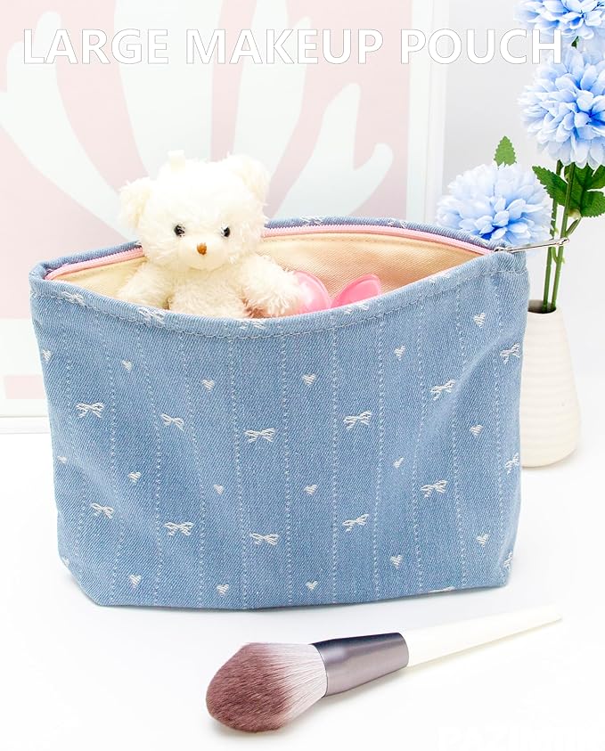 PAZIMIIK Makeup Bag Large Cotton Zipper Pouch for Purse Travel Canvas Make Up Organizer for Women Cosmetic,Jean Light