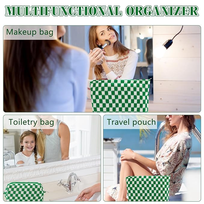 ZLFSRQ 2Pcs Checkered Makeup Bag for Women Large Small Checkered Cosmetic Bag Set Aesthetic Preppy Pencil Case Cute Pencil Pouch Green Makeup Pouch for Purse Travel Toiletry Bags Zipper Skincare Bags