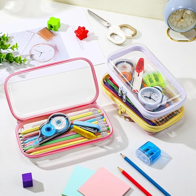 Sanwuta 6 Pcs Clear Hard Zipper Case Hard Plastic Zipper Pouches Makeup Bag Pencil Pouches Transparent Cases for Snacks Plastic Storage Organizer Box for Travel(Colorful,7.48 x 3.94 x 2 Inch)