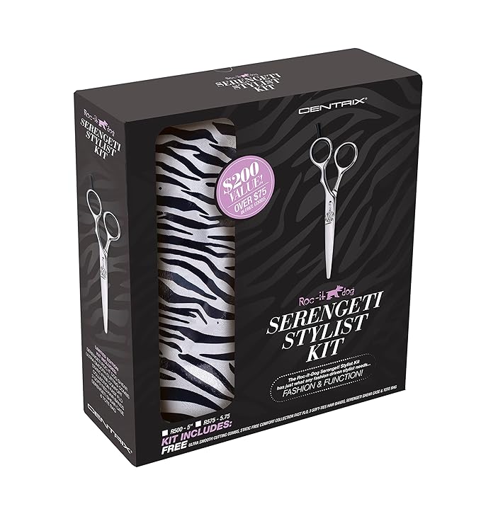Cricket Centrix Roc-It Dog R 575 5.75” Serengeti Kit, 5.75” Haircutting Shears, Ultra Smooth Cutting Combs (4), Static Free Fast Flo Vent Brush, Soft Hair Bands, Shear Case and Tote, ($200 Value)