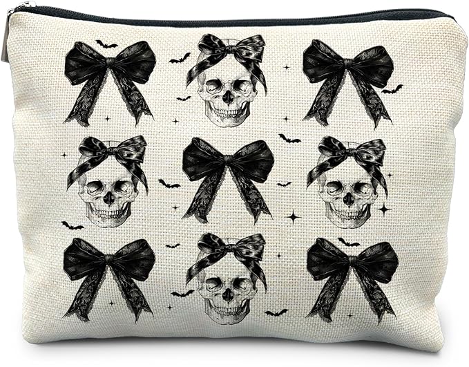 Coquette Gothic Halloween Makeup Bag, Dark Bow Skull Makeup Bag, Spooky Gifts for Women