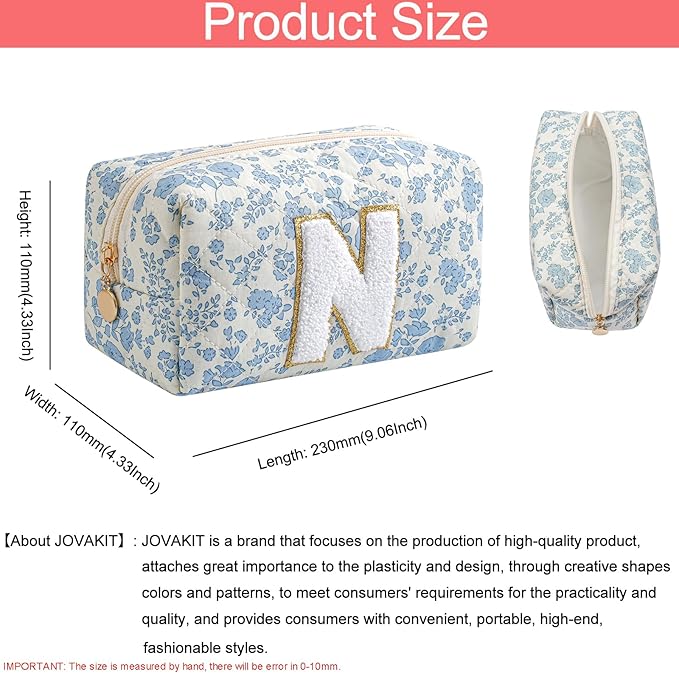 JOVAKIT Alphabet Makeup Bag Cosmetic Bag for Women, Christmas Gifts for Girls Age 6-18, Floral Flowers Coquette Travel Toiletry Zipper Make Up Pouch Organizer Trendy Stuff (Blue Floral N)
