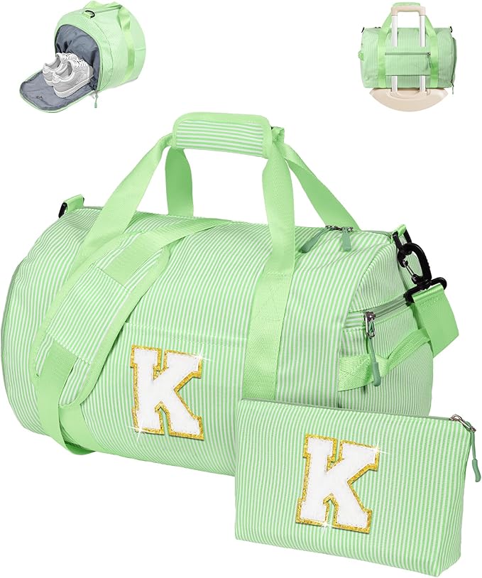 Gifts for Teenager, Girls Travel Duffle Bag, Kids Initial Overnight Bags with Shoe Compartment, Personalized Weekend Bag with Makeup Pouch, Gift for Gymnastics Girl (Letter K)