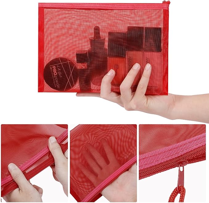 12 Pieces Zipper Nylon Mesh Pouch, Mesh Cosmetic Bags Makeup Bags Pencil Case, Multipurpose Travel Bags for Cosmetic School Office Supplies and Travel Accessories (Red, A5)
