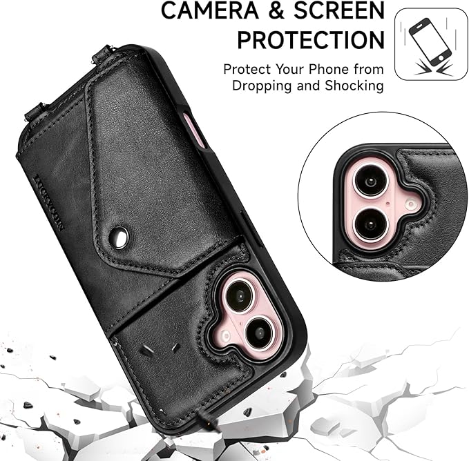 LUCKYCOIN Crossbody Wallet Phone Case for iPhone 16,100% Genuine Leather Wallet Phone Case with Expandable Flip Card Holder,Phone Purse for Women with Adjustable Removable Strap - Black