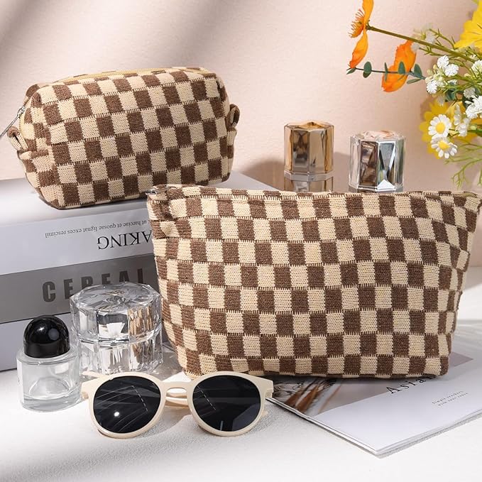 Travel Makeup Bag, Checkered Cosmetic Bag Make Up Organizer Case for Women, Small Toiletry Bag Skincare Pouch for Toiletries Accessories Brushes, 2PCS