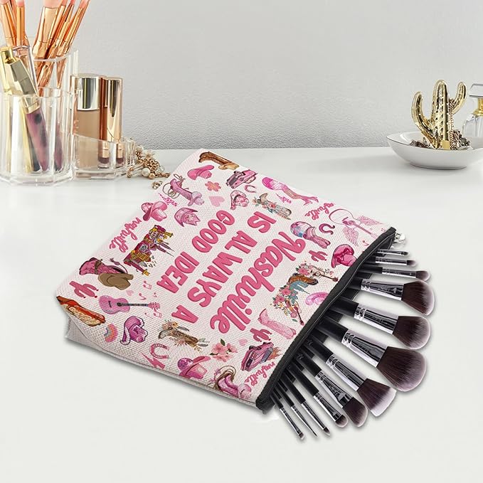 Nashville Travel Gifts Makeup Bag, Nashville Lover Accessories Souvenirs, Country Music Gifts for Traveller Women Friends, Birthday Bachelorette Party Favors Women Trip Cosmetic Bag Pouch