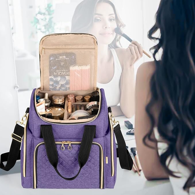 LUXJA Travel Makeup Bag with 2 Removable Cases, Cosmetic Bag with Multiple Storage Sections (Patent Pending), Purple