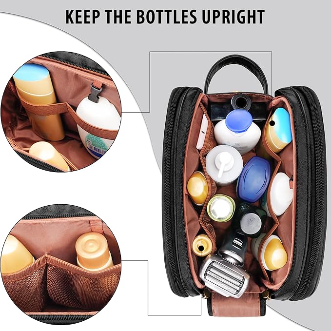 Travel Toiletry Bag for Men, Large Hanging Toiletries Organizer Bags for Women, Cruise Ship Essentials, Water-resistant Shaving Case, PU Leather Makeup Accessories, Cosmetic Dopp Kit, Black
