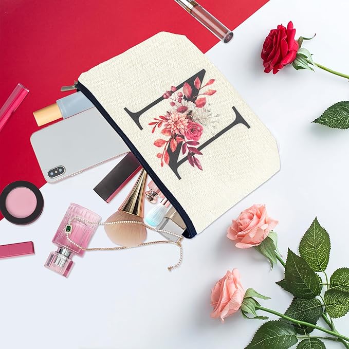 Initial A-Z Personalized Floral Makeup Bag, Monogrammed Birthday Gifts for Women Mom, Mothers Day Christmas Gift Ideas for Best Friend, Bride Bridesmaid, Her, Grandma, Small Travel Cosmetic Bag (N)