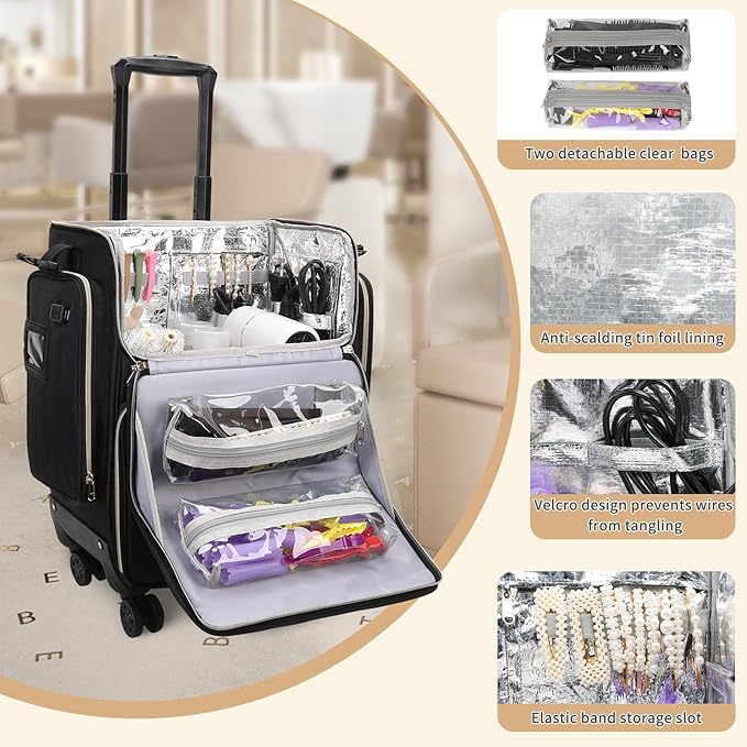 Large Makeup Train Case for Hairstylists & Hairdressers - Cosmetic Organizer with Detachable Pouch, Heat-Insulated & Anti-Scald Full Layer, Hairdressing Tool Storage Trolley with 4 360° Swivel Wheels
