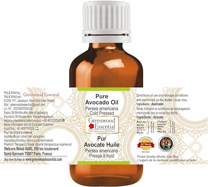 Greenwood Essential Pure Avocado Oil (Persea americana) Cold Pressed 100ml (3.38 oz)