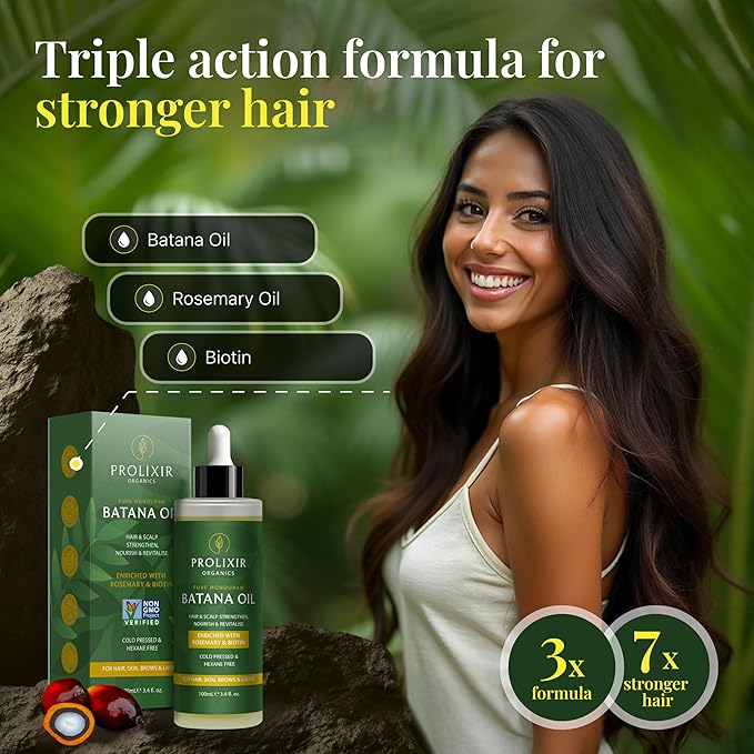 Batana Oil with Organic Rosemary & Biotin – Hair, Eyebrow & Eyelash Growth Serum – Nourishing Oil for Thicker, Fuller-Looking Hair, Brows & Lashes – Strengthens Roots & Conditions Dry Ends
