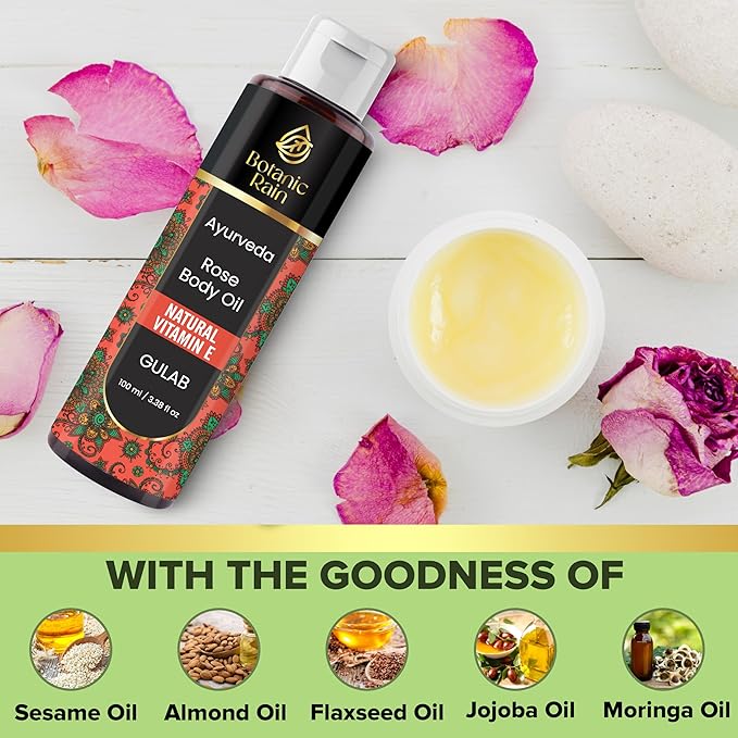 Ayurveda Rose Body Oil, Moisturizing & Hydrating Organic Vitamin E Oil, Body Oils for Women After Shower, Ayurveda Products for Crepey Skin Repair - 3.38 Fl Oz