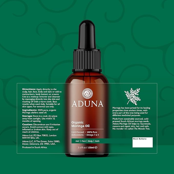 Aduna Organic Moringa Oil | 100% Natural Cold-Pressed for Skin, Hair & Nails | Multi-Purpose Moisturizing Beauty Oil With Antioxidants & Emollients | Lightweight & Fast-Absorbing | 100ml