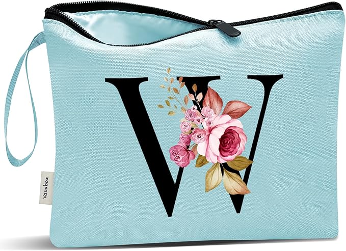 Vavabox A-Z Personalized Makeup Bag, Birthday Gifts for Women Mom, Gifts for Best Friend, Bride Bridesmaid Cosmetic bag (W, Green)