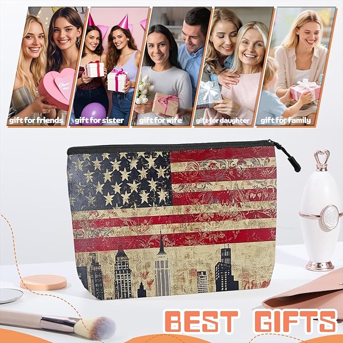 Cosmetic Bags Travel Makeup Toilet Case Waterproof Pouch for Women Girls 6.7X9.45inches - American Flag And Urban Skyline Fusion