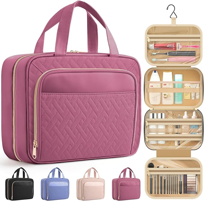 HOTOR Travel Toiletry Bag for Women & Men, Waterproof Makeup Bag with Hanging Hook and Multiple Pockets, Cosmetic Bags for Women, Travel Essentials, 11.2'' x 3.2'' x 8.9'', Rosewood-Pink