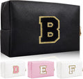 Personalized Initial Letter Patch Makeup Bag, Preppy Portable Chenille Cosmetic Bag with Zipper, PU Leather Waterproof Travel Toiletry Bag Monogram Make Up Pouch for Women Girls