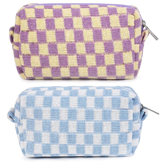 SOIDRAM 2 Pieces Makeup Bag Checkered Cosmetic Bag Purple Blue Makeup Pouch Travel Toiletry Bag Organizer Cute Makeup Brushes Storage Bag for Women