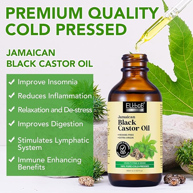 Jamaican Black Castor Oil - for Hair Growth Skin Condition, Eyebrows Eyelashes, Nail Care Grow, Moisturizing Massage Oil for Aromatherapy 2 fl oz