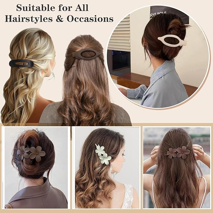 6 PCS Flat Hair Clips, French Lay Flat Claw Clips for Women Girls, 3 Styles Strong Hold Non-slip Matte Hair Claws for Thin Thick Hair(Brown&White)