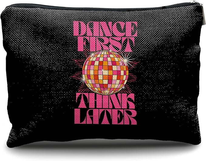 Nogrit Dancer Makeup Bag,Dance First Think Later Trendy Hot Pink Disco Ball Inspirational Makeup Travel Toiletry Bag,Dancing Gifts for Women,Gifts for Dance Lovers