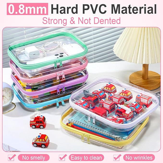 Sanwuta 6 Pcs Clear Hard Zipper Case Hard Plastic Zipper Pouches Makeup Bag Pencil Pouches Transparent Cases for Snacks Plastic Storage Organizer Box for Travel(Colorful,9.84 x 7.87 x 2 Inch)
