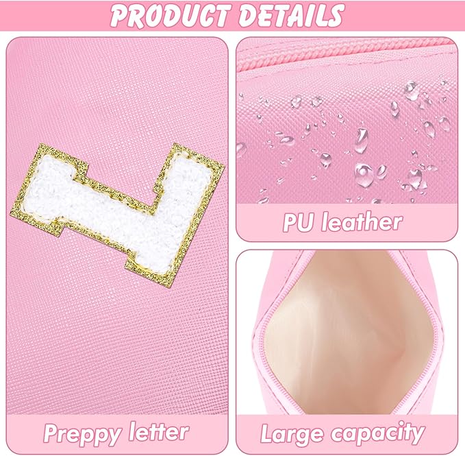 Initial Makeup Bag for Women Travel Small PU Leather Cosmetic Bag Cute Pink Personalized Preppy Chenille Letter Makeup Pouch for Purse Zippered Toiletry Organizer Makeup Case Ideal Gift（L）