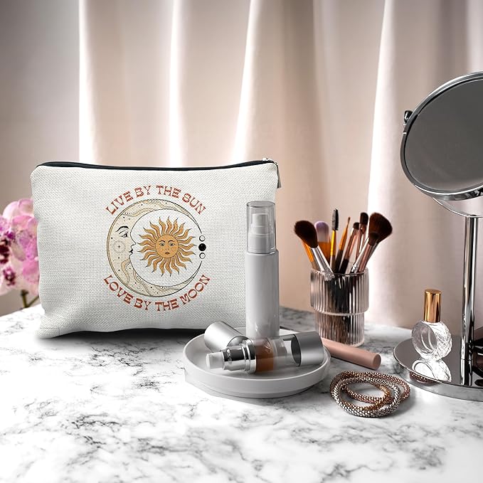 Nogrit sun and moon makeup bag,Tarot Makeup Cosmetic Bag,Live by the Sun Love by the Moon,Tarot Makeup Travel Toiletry Bag,Gifts for Tarot Astrology Lovers Women