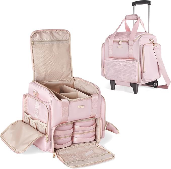 Rolling Makeup Case with 4 Removable Bags, Professional Makeup Train Case with Wheels, Makeup Artist Travel Bag with Brushes Storage Section, Pink (Patent Design)