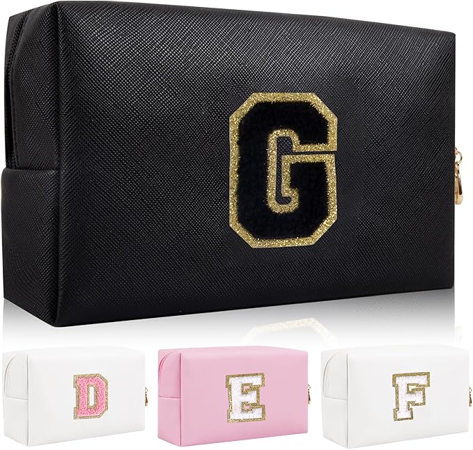 Iqimott Personalized Initial Letter Patch Makeup Bag Preppy Portable Chenille Letter Cosmetic Bag Zipper PU Leather Waterproof Travel Toiletry Bag Monogram Make Up Pouch Women Girls(Letter G)