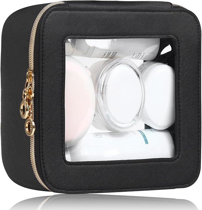 Small Clear Makeup Bag for Purse, Cute Mini Clear Cosmetic Bag Case Organizer, TSA Approved Square Small Makeup Case Pouch with Zipper, Car Travel Purse Essentials for Women (Black,S)