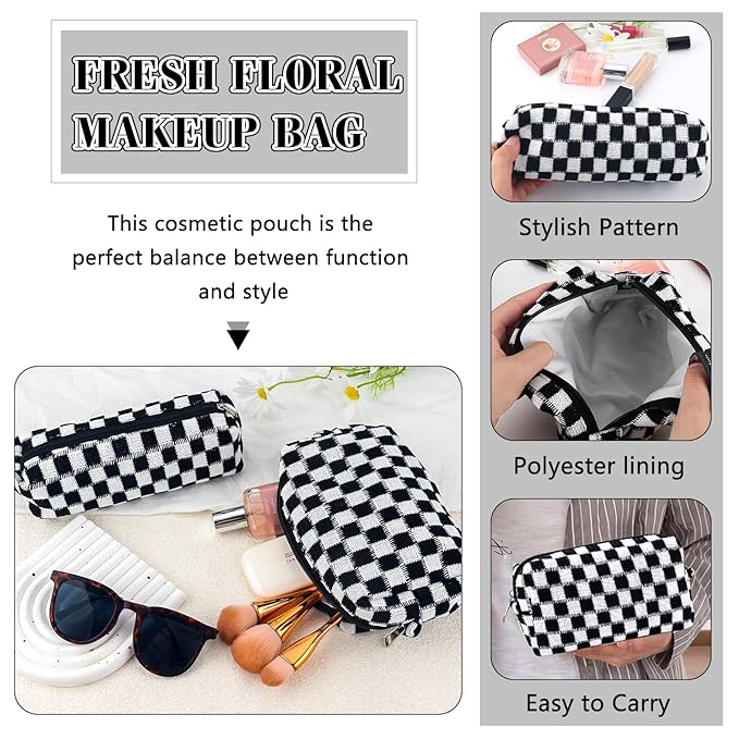 2Pcs Checkered Pencil Case Cute Pencil Pouch for Teens Checkered Makeup Bag Travel Cosmetic Bag Set Cute Makeup Pouch for Purse Portable Zippered Skincare Bags Preppy Toiletry Bags Organizer(Black)