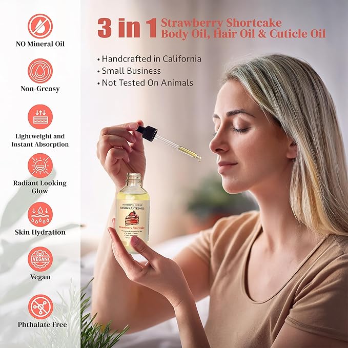 Strawberry Shortcake Body Oil: Moisturizing Body Oil for Soft, Glowing Skin with Almond & Jojoba Oil (4 fl oz)