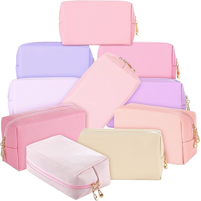 Sanwuta 9 Pcs Makeup Bags Bulk PU Double Zippers Cosmetic Bag Makeup Toiletry Christmas Small Pouch Portable Travel Organizers Case for Women Bridesmaid Party End of The Year(Pink Purple Series)